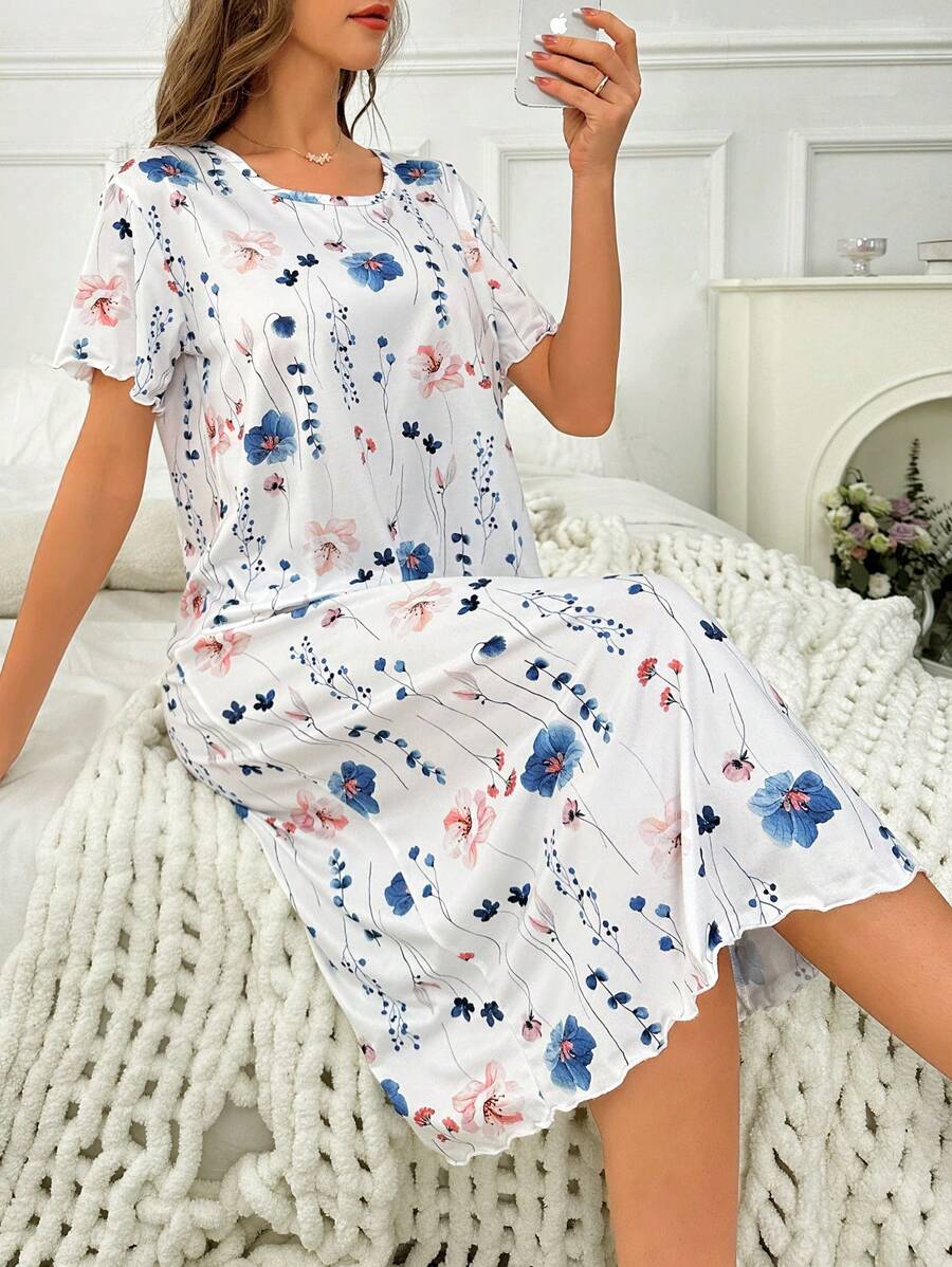 Vestido pijama con estampado floral de manga corta, vestido de dormir perfecto para el verano, vestido de dormir Moo Moo - Multicolor - Ver 1