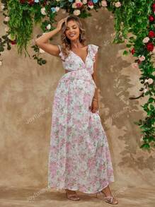 Joyfunear Maternity Vacation Casual Backless Long Floral Dress With Ruffle Hem And Tie-Up Details