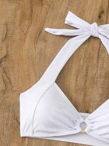 Women's Solid Color Halter Strap Sexy Bikini Set For Summer Beach - White - View 5