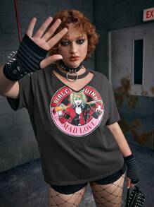 Harley Quinn X SHEIN 大码前卫、深色、时尚灰色宽松针织心形和卡通人物图案镂空 T 恤，夏季 - 黑色 - 查看 3