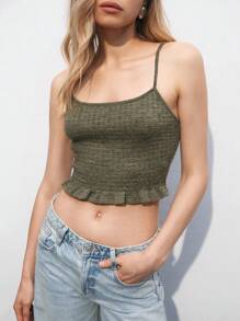 Maija Top de verano para mujer con espalda de camisola corta, dobladillo con ribete de volantes y empalmes de unicolor