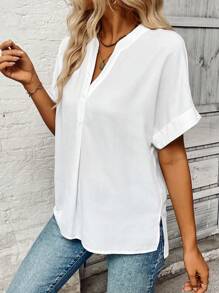 SHEIN LUNE Women's Summer Casual Solid Color Notched Neck Batwing Sleeve Shirt