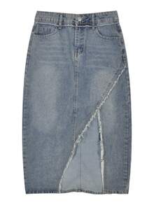 Rok Mini Denim Belahan Berumbai Bergaya Vintage, Musim Semi/Panas - Medium Wash - View 4