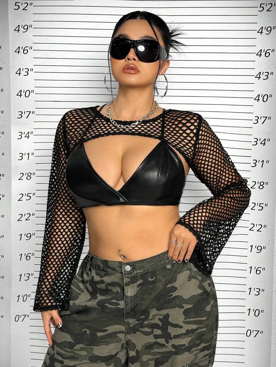 SHEIN ICON Plus Size Fishnet Super Short Bell Sleeve Top (No Tube Top)