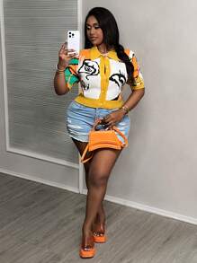 Slaydiva Plus Women Summer Short Sleeve Single-Breasted Slim Crop Cardigan With Abstract Face Pattern In Fall/Winter