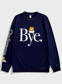 Gudetama X SHEIN Unisex Casual Cartoon And Letter Printed Oversized Sweatshirt, Spring/Fall - Navy Blue - View 3