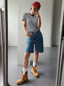 DAZY 女士條紋印花圓領短袖休閒T恤，夏季 - 黑色 - 查看 6