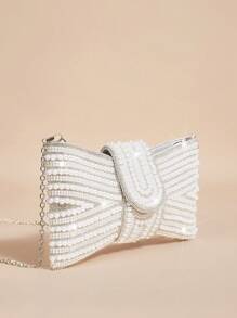 SHEIN Belle 轻巧，商务休闲水钻装饰水桶包迷你抽绳设计，透明包仿珍珠包晚宴包，晚餐包迷人，优雅，精致，安静的奢华水钻适合派对女孩，女人，新娘非常适合派对，晚宴/宴会圣诞派对礼服情人节，必备婚礼物品，完美搭配毕业礼服，舞会礼服 - 白色 - 查看 4