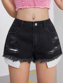 SHEIN กางเกงยีนส์ขาสั้นสีดำ Y2K ขาดสำหรับวัยรุ่นหญิง, กางเกงยีนส์ขาสั้นฮิปสเตอร์ขาดสำหรับฤดูร้อน - สีดำ - ดู 3