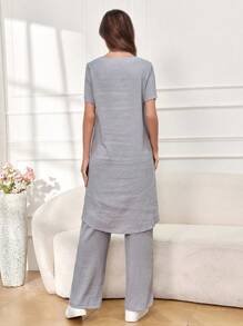 Seusyu Ladies' Solid Color Simple Casual Short Sleeve Top And Long Pants Set, Daily Wear - Grey - View 2
