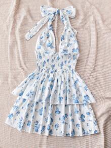 Soleia Vestido con estampado floral de verano para mujer con tirantes al cuello, sin espalda, con cintura ajustable y de varias capas - Multicolor - Ver 2