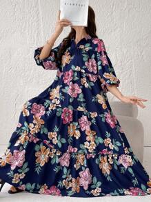 Modelyn Floral Printed Ruffle Hem Collared Arabian Modest Dress - Navy Blue - View 1