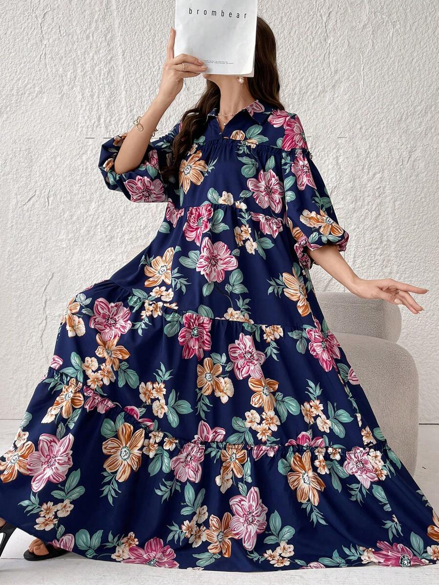 Modelyn Floral Printed Ruffle Hem Collared Arabian Modest Dress - Navy Blue - View 1
