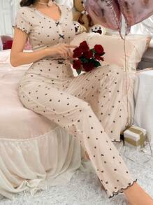 CottageSlumber Women's Heart Print Bow Decoration Simple Daily Pajama Set Bow Tie - Apricot - View 5