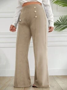 SHEIN Cottnline Plus Size  Double Breasted Decorative Flared Trousers - Beige - View 4