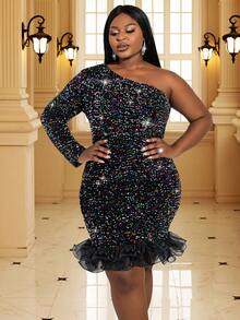 Plus One Shoulder Contrast Mesh Ruffle Hem Sequin Bodycon Dress - Black - View 3