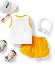 LOONEY TUNES X SHEIN Ensemble de débardeur imprimé avec dessin animé sportif et short pour bébé garçon, idéal pour l'été