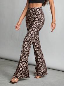 SHEIN Tall Leopard Print Knit Women's Flared Trousers - Brown - View 7
