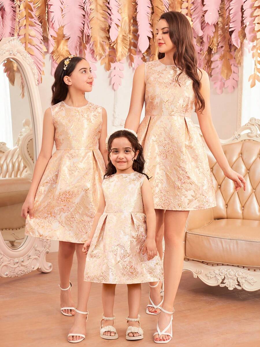 Vestido de princesa elegante para niña preadolescente con textura floral de tela veraniega - Albaricoque - Ver 1