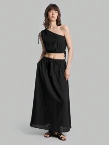 Ontre Women's Summer Solid Color One-Shoulder Crop Top And Long Skirt Set - Black - View 6