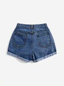 SHEIN EZwear 女款洗舊卷邊牛仔短褲，設有口袋，適合日常穿著或旅行 - 深色水洗藍 - 查看 2