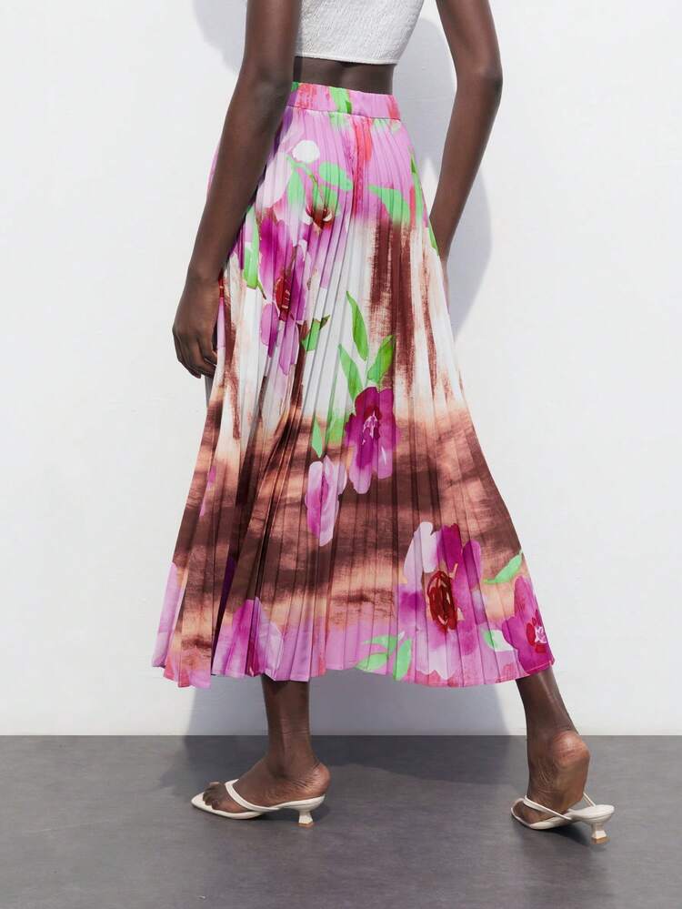 SHEIN Maija Women's Summer Fashion Tie-Dye Floral Print Pleated Skirt