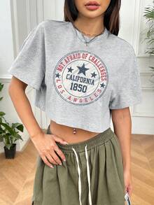 SHEIN EZwear Casual & Simple Pattern Round Neck Short Crop Top, Loose Fit And Suitable For Summer - Light Grey - View 4