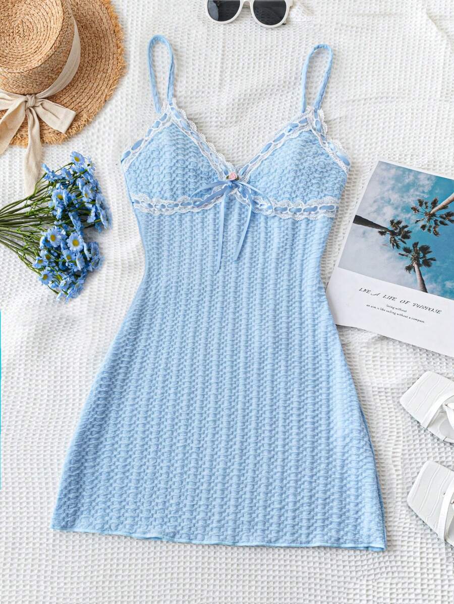 Soleia V 领拼色蕾丝边紧身连衣裙 - 藍色 - 查看 1