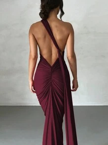 一字肩裸背斜裁露肩禮服，設有開叉高腿設計 - 酒紅色 - 查看 3