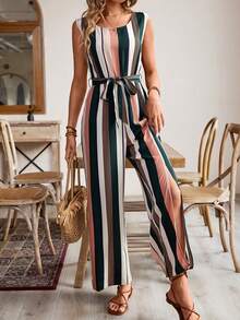 Color Block Striped Sleeveless Jumpsuit For Leisure Vacation - Army Green - View 3