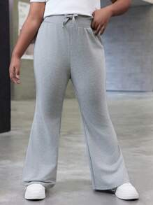 SHEIN Tween 女童加大码休闲春夏纯色针织喇叭裤 - 灰色 - 查看 6