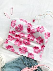 Soleia 女性專用粉色水彩花紋針織紋理彈性無肩帶無背心浪漫休閒度假上衣 - 粉色 - 查看 4