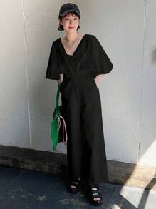 FRIFUL 女士休閒純色蝙蝠袖牛仔連身褲，春夏必備