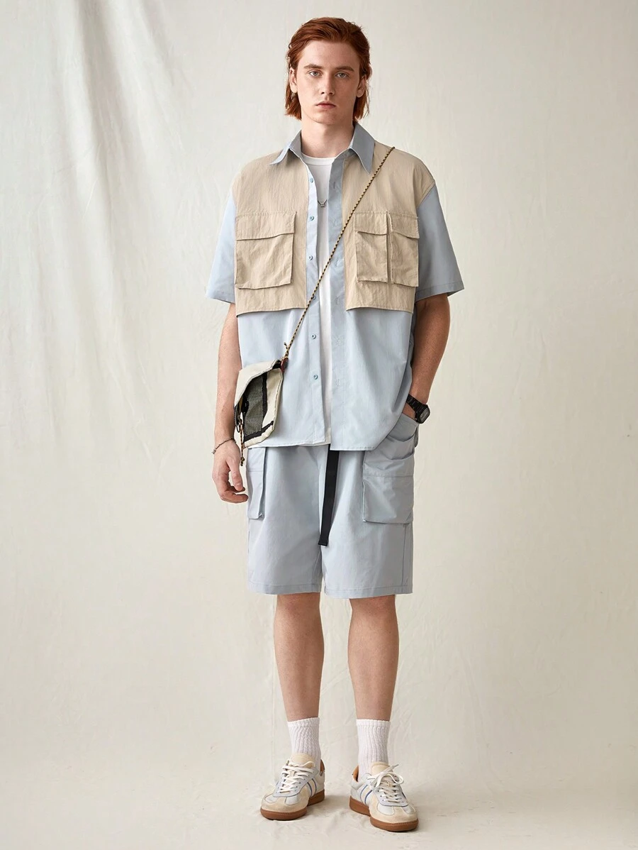 Manfinity VCAY Woven Casual Patchwork Shirt And Shorts Set - Multicolor - View 1