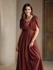 Anewsta Classic & Romantic Women's V-Neck Pleated Waist Dress With Linen Fabric Maxi Women Outfit