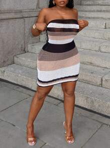 Slaydiva Vestido de ganchillo de suéter tejido a rayas de verano para vacaciones