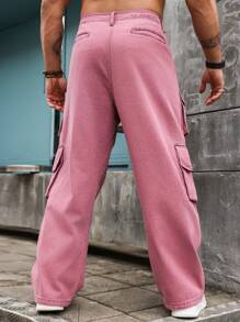 Manfinity Roghcode Men's Plus Size Casual Solid Color Straight Leg Jeans With Workwear Style - Hot Pink - View 2