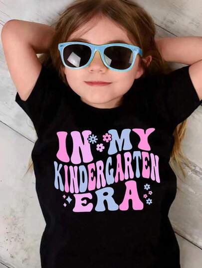 SHEIN Young Girl Casual Floral Alphabet Slogan Printed Short Sleeve T-Shirt For Toddlers Summer Holiday