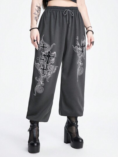 Grunge Punk Punk Style Cross & Vine Pattern Women's Long Pants Or Leggings