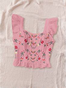 SHEIN Dreamara Vacation Leisure Embroidered Ruffle Trim Sleeveless Shirt