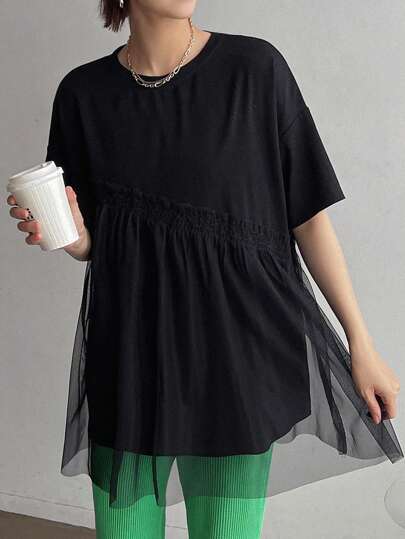 FRIFUL Women's Summer Solid Color Round Neck Mesh Contrast Short Sleeve Casual Casual T-Shirt