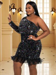 Plus One Shoulder Contrast Mesh Ruffle Hem Sequin Bodycon Dress - Black - View 6