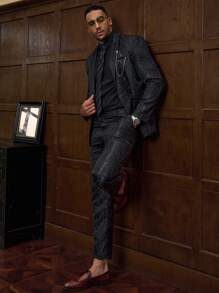 Manfinity Mode Men's Fashion Jacquard Weave Suit Jacket And Trousers Set - Black - View 1