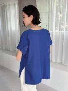 FRIFUL 女士夏季纯色圆领蝙蝠袖短袖开叉休闲T恤，荷叶边超大T恤