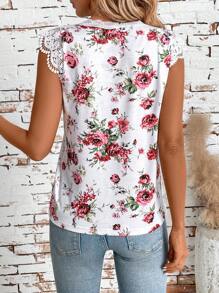 SHEIN Clasi Camiseta elegante y romántica de verano con cuello en V y encaje de contraste exquisito con ajuste delgado en base blanca y flores rojas