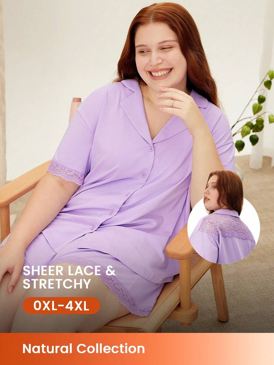 LUVLETTE Women Plus Soft Cotton Pajamas And Lace Button-Up Short Pajama Set Lounge Set Lingerie