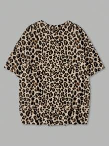 SHEIN EZwear Women's Plus Size Loose Fit Leopard Print Round Neck Short Sleeve T-Shirt, Casual Summer Pullover Suitable For Going Out
