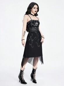 ROMWE Goth Sexy Women's Gothic Vampire Sequin Embroidery Asymmetrical Hem Party Cami Dress