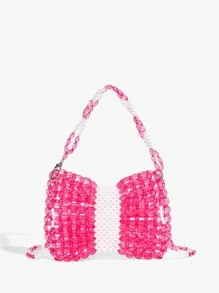 SHEIN ICON Fashionable Women's Sweet & Cool Girl Bow-Shaped Beaded Tote & Crossbody Bag, Suitable For Ladies, Women, Dates, Birthdays, Date Night, Woven Bag, Y2K Style, Fun, Cute, Perfect For Teenagers - Pink - View 1