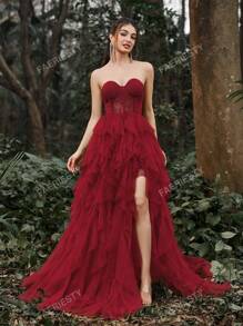 Faeriesty Mesh Overlay Hem Split Thigh Tube Formal Dress Party Dress Wedding Guest Dress Evening Dress,Gown
